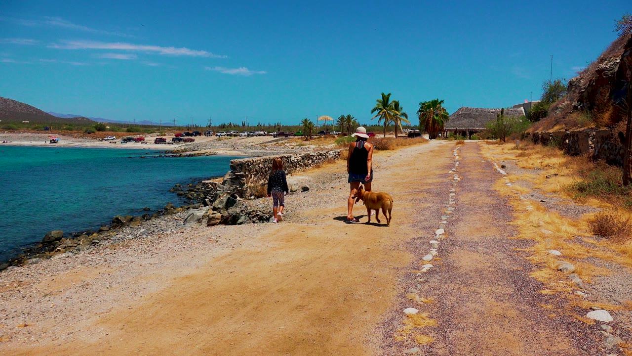 At the start of the El Sargento, Mexico clip, a woman in a hat stands with a brown dog while a child walks ahead along the rocky shoreline path.