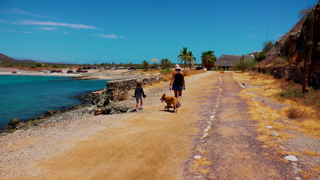 At 0:02, the woman and dog move slightly farther from camera while the child stays near the rocks beside the blue water in El Sargento, Mexico.