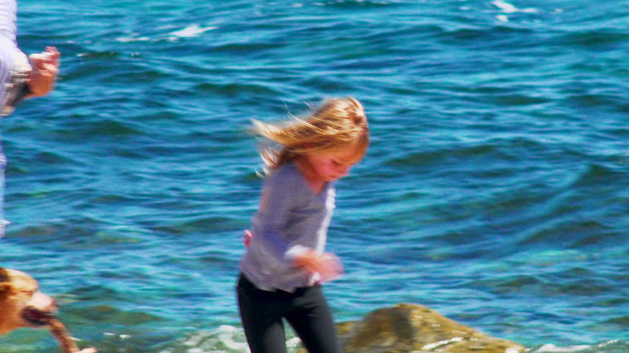 Blonde child walking in front of rippled blue water with a dog partly visible.