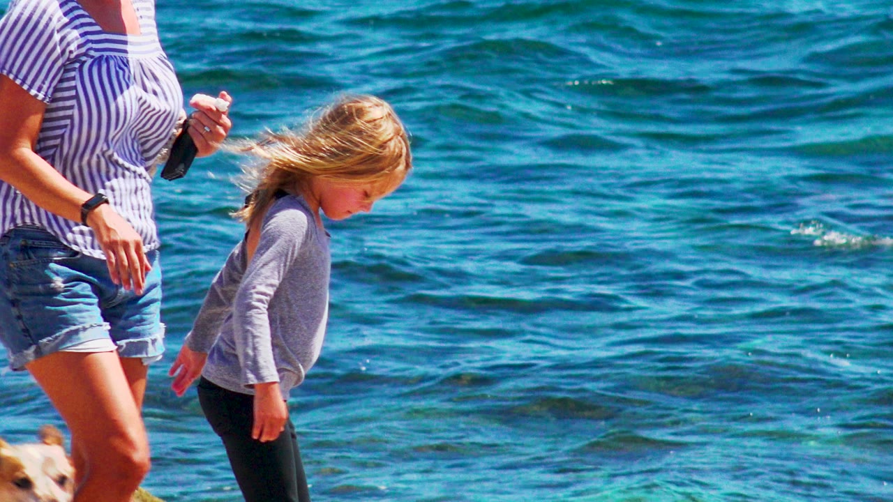 In El Sargento La Ventana, Mexico, a woman cropped at the shoulders walks beside a blond child near blue surf, with a tan dog partly visible at the lower left.