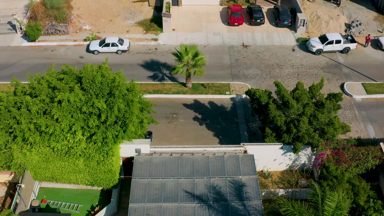 Overhead street scene with parked vehicles, a large tree, and white residential walls.