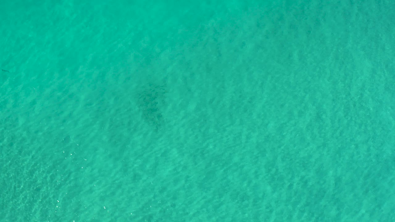 Overhead view of turquoise seawater in Los Cabos, Mexico, with faint sand texture below the surface and no visible people.