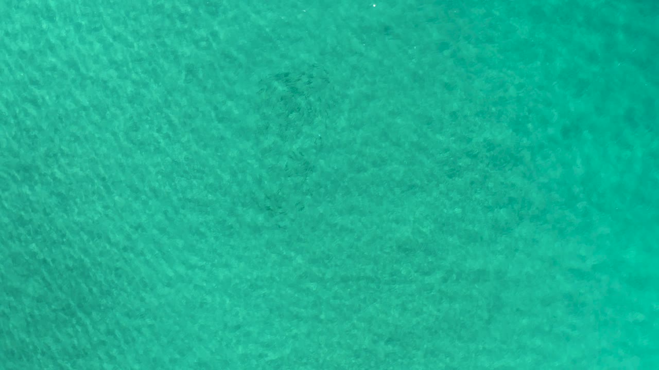 Overhead Los Cabos ocean frame showing turquoise water, pale wind ripples, and soft darker underwater patches, with no visible people or vessels.