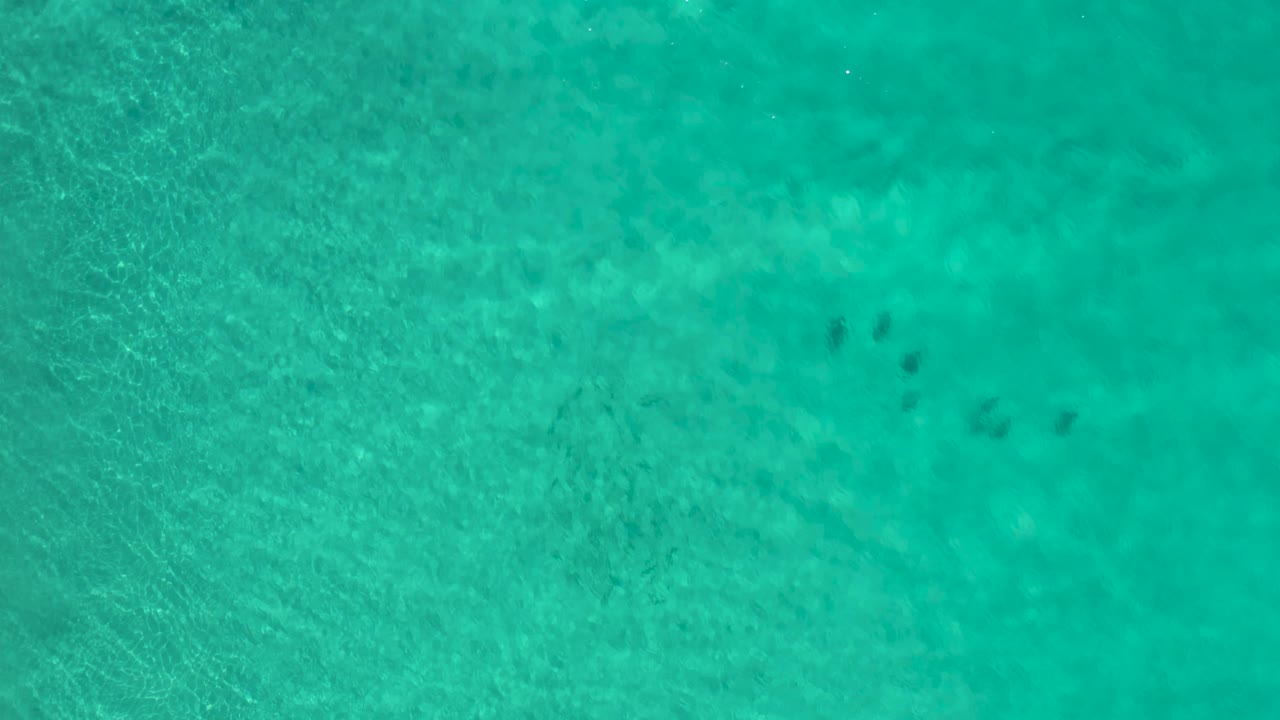 Aerial-looking frame over clear teal water in Los Cabos, Mexico, where pale wave patterns cross the surface and a small group of dark marine shapes sits slightly right of center, no visible people.