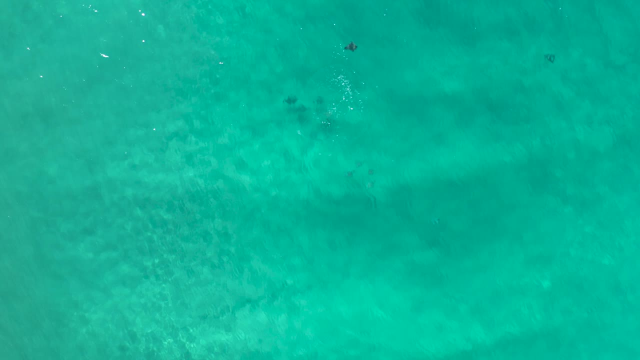 Overhead Los Cabos ocean view with a broad turquoise field, faint darker underwater areas, light surface texture, and no visible people.