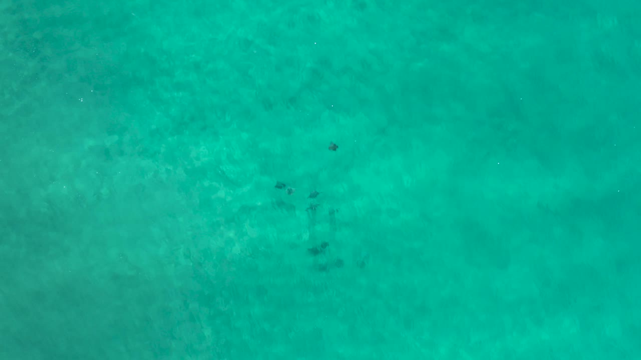 Open turquoise ocean with faint seabed patterns and small dark shapes