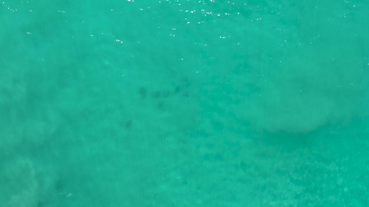 Overhead frame of clear aqua water in Los Cabos, Mexico, showing faint pale sand forms under the surface, scattered dark marks, and no visible people.