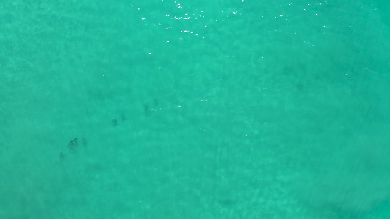 Overhead view of aquamarine shallow water in Los Cabos, Mexico, with faint dark submerged patches and no visible people.