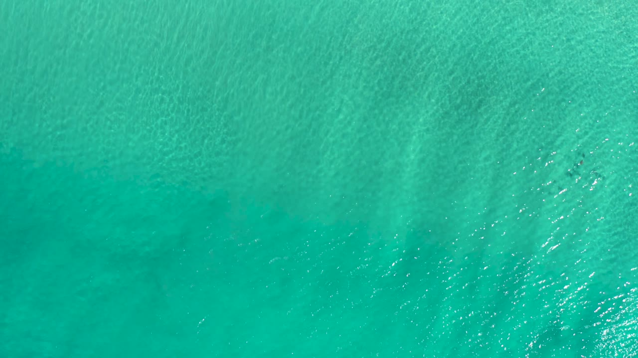 Aerial top-down frame of Los Cabos turquoise water with a darker underwater band, scattered sun sparkle, and no visible people.