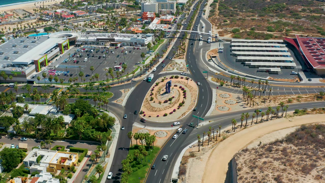Overhead view of roundabout, freeway loop, and parking areas