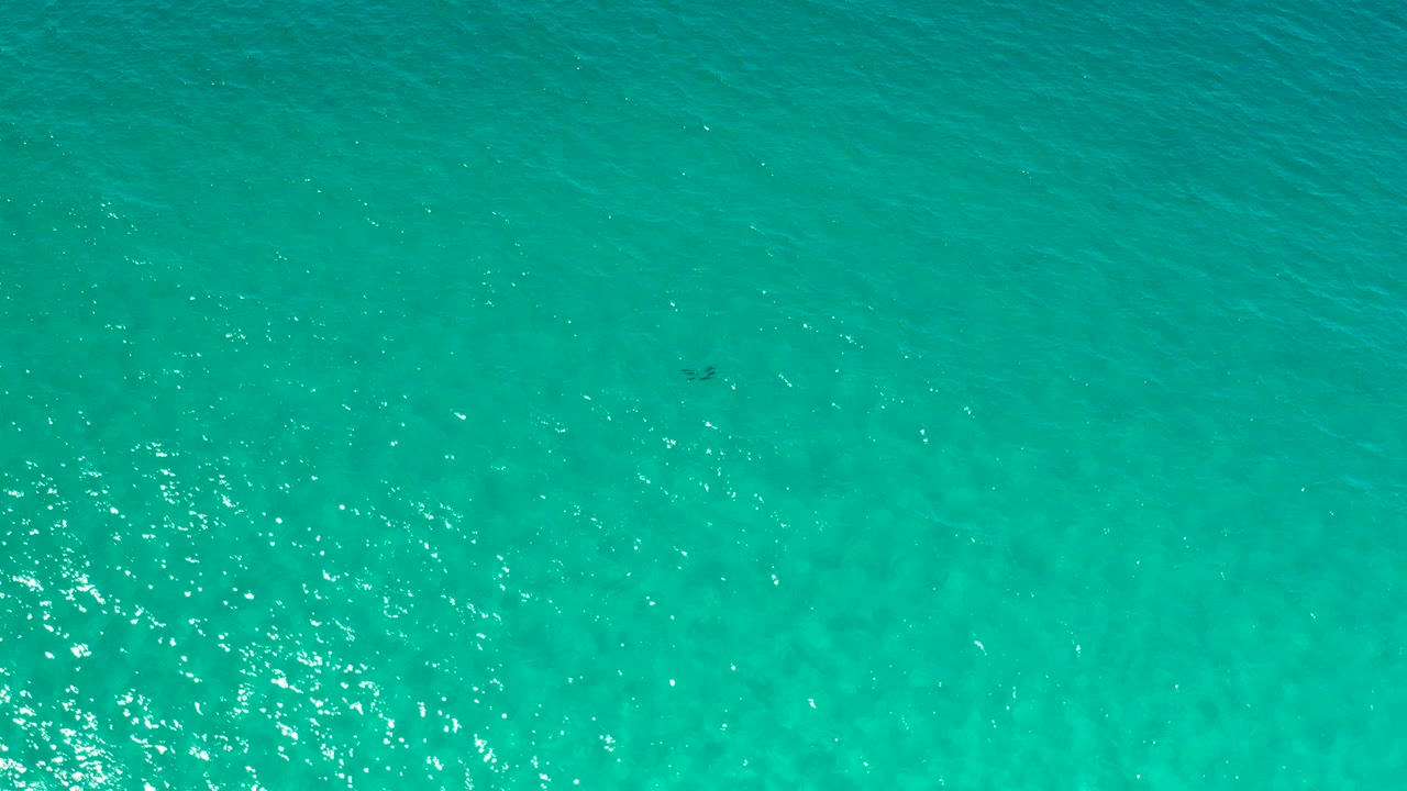 Overhead view of turquoise ocean water in Los Cabos, Mexico, with scattered sun reflections near the left side and no visible people.
