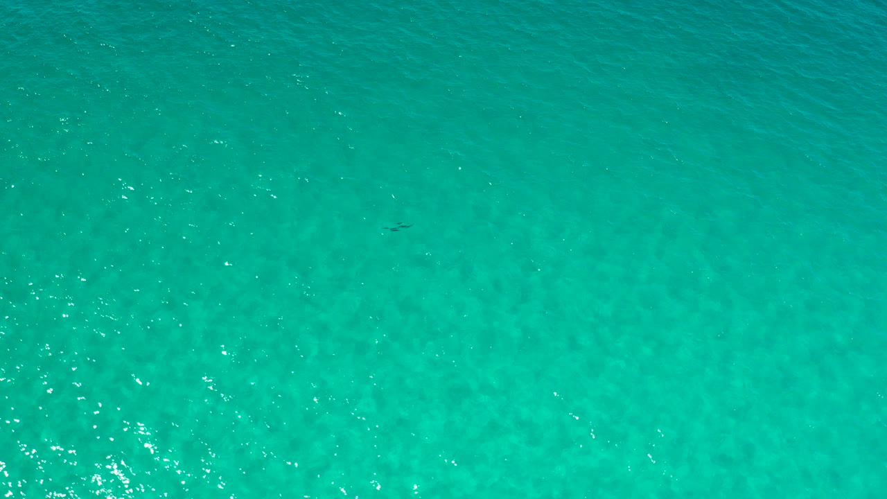 Overhead view of clear turquoise ocean in Los Cabos, Mexico, with faint darker patches under the water and no visible people.