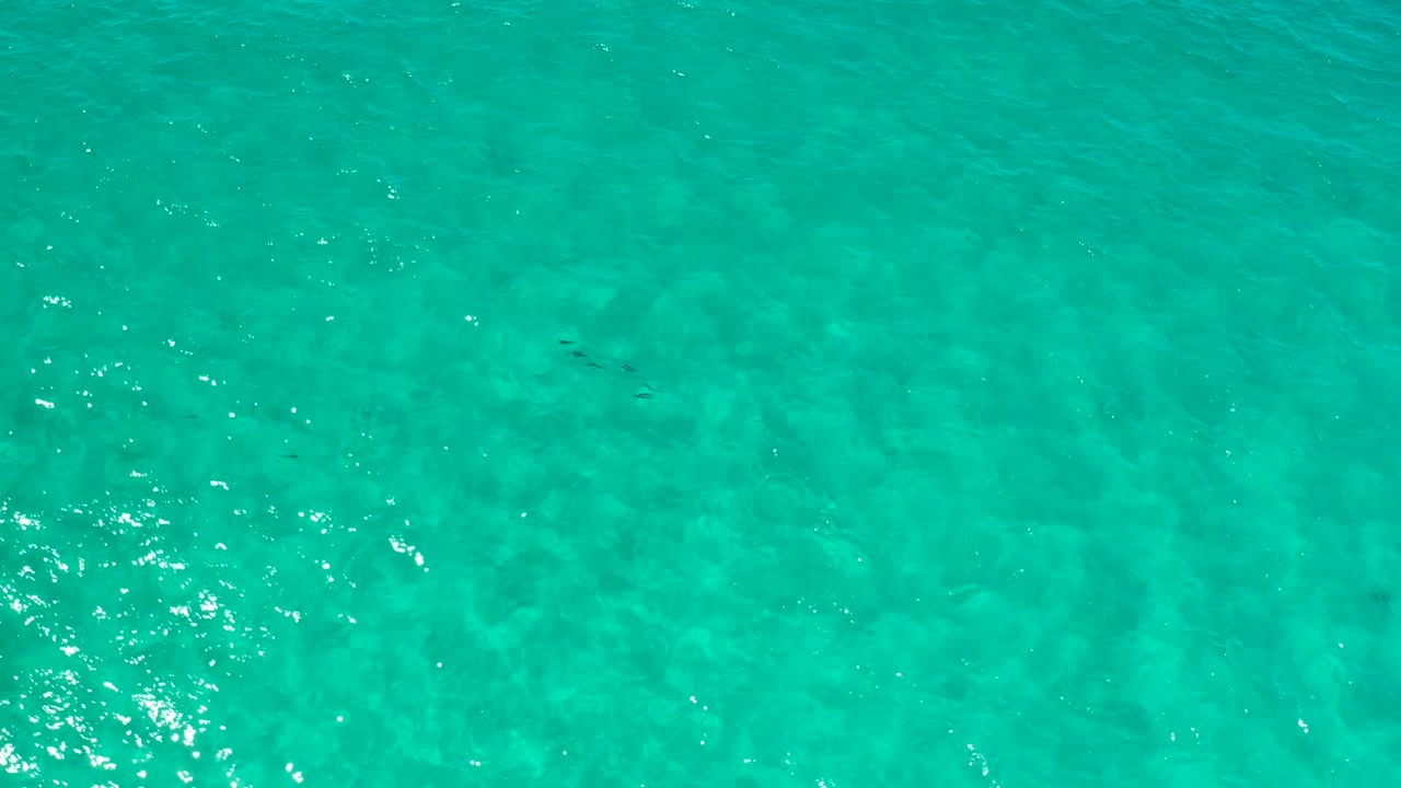Top-down Los Cabos sea surface with blue green water, bright reflection points near the lower left, and no visible people.