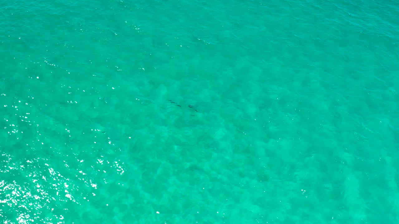 Aerial view of turquoise Los Cabos water with pale shimmer on the surface, faint darker underwater patches, and no visible people.