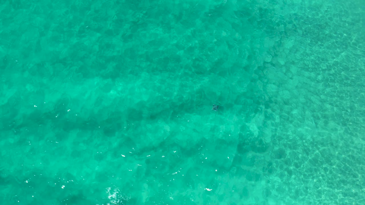Sunlit Los Cabos water fills the view with shallow seabed patterning, a small bright wave mark near the lower right, and no visible people.
