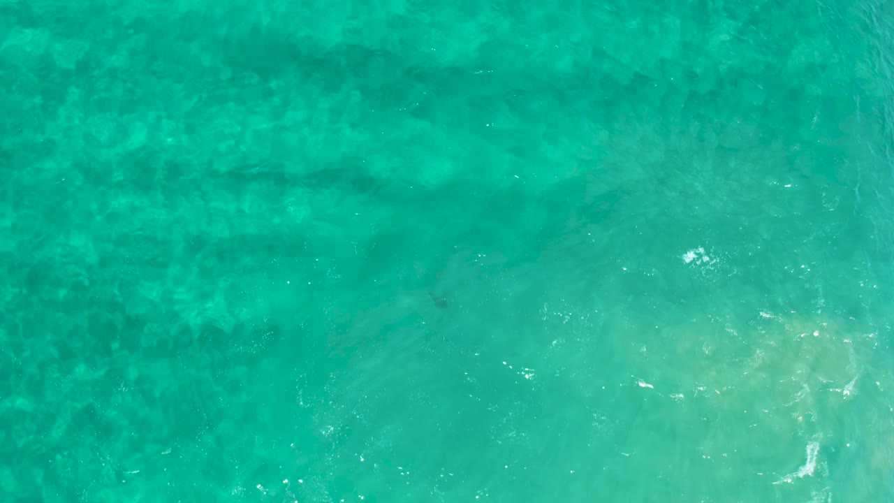 Aerial frame over Los Cabos water showing green-blue shallows, a pale sand patch near the lower edge, mottled dark seabed, and no visible people.