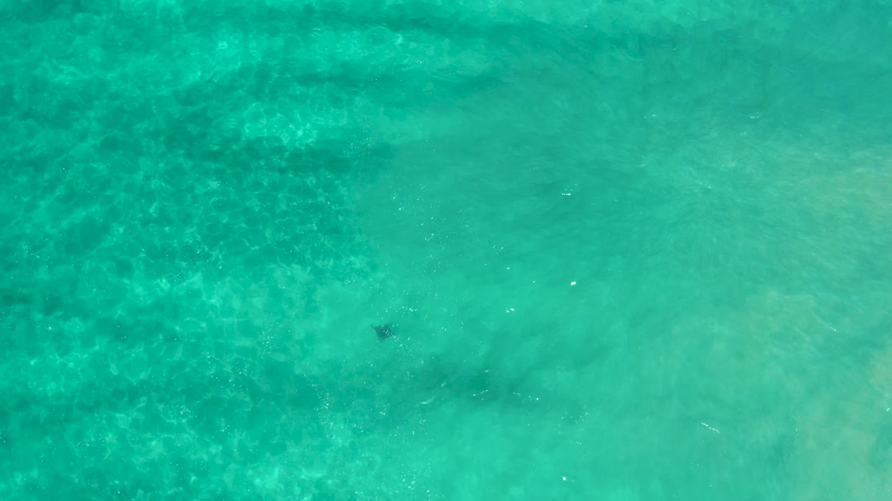Top-down view of turquoise ocean water over the sandy sea floor in Los Cabos, Mexico, with darker underwater patches and no visible people.
