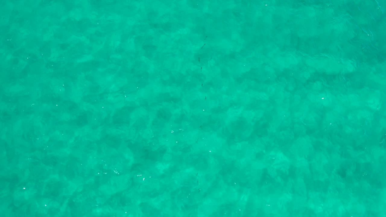 Overhead view of turquoise water in Los Cabos, Mexico, with faint darker patches below the surface and no visible people.
