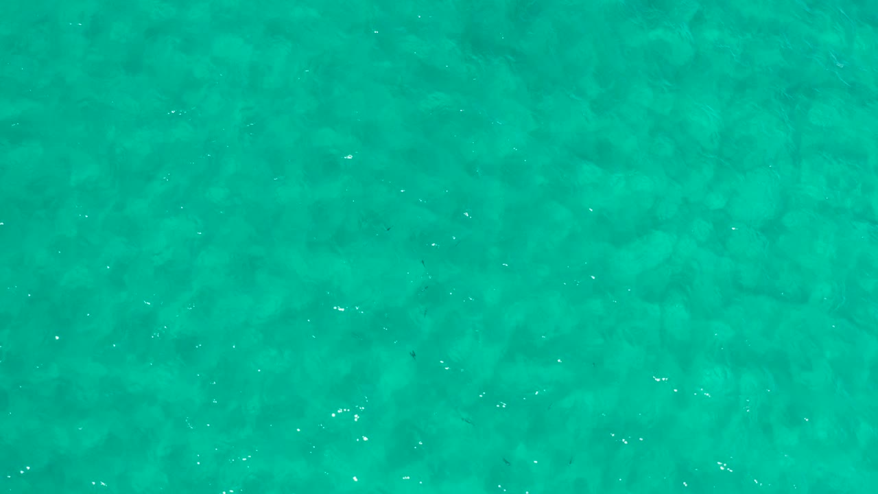 Overhead Los Cabos ocean frame filled by turquoise water, darker mottled shapes below the surface, and no visible people or boats.