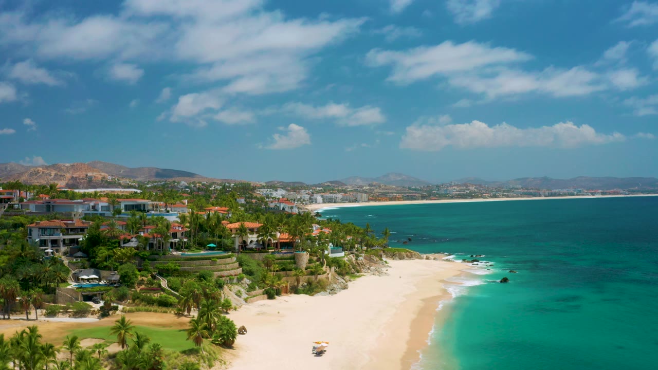 Palmilla Beach Cabo aerial frame with a palm-lined bluff and oceanfront property at left, an empty-looking sand beach below, clear water at right, and no visible people.