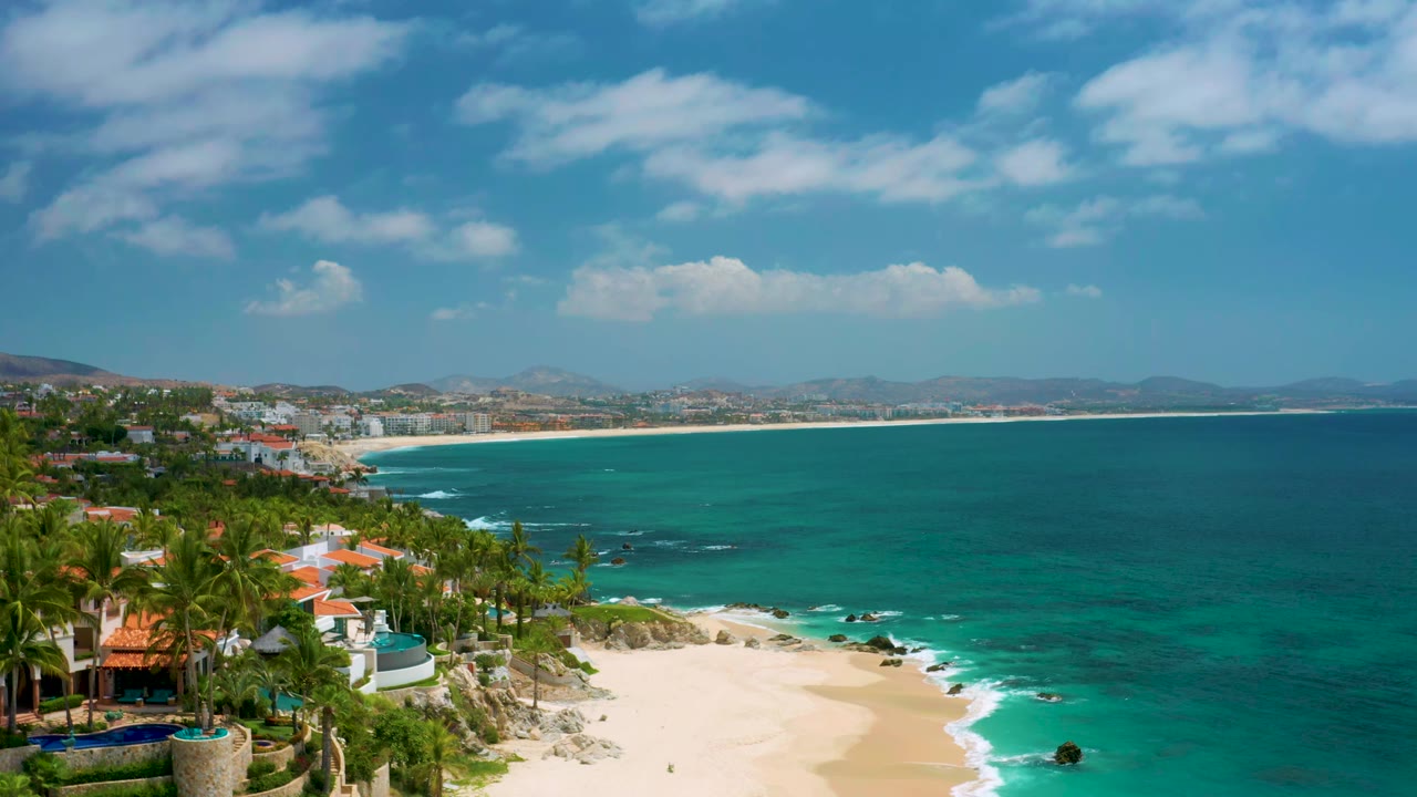 Aerial coastal view with palm-lined homes beside a sandy beach and blue-green water.