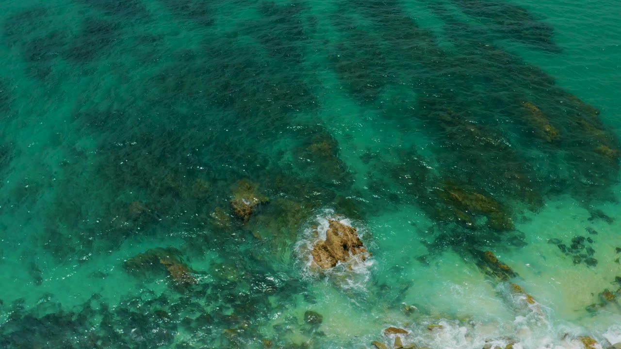 Aerial view over Palmilla Beach Cabo, Mexico, where a tan rock breaks the surface amid green-blue water, dark reef patterns, pale shallows, and no visible people.