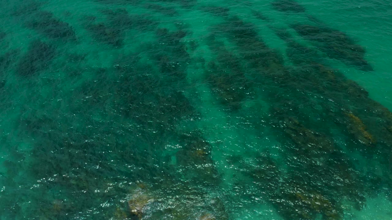 Clear aquamarine seawater at Palmilla Beach Cabo, Mexico, shows ripples crossing darker underwater vegetation and lighter sand, no visible people.