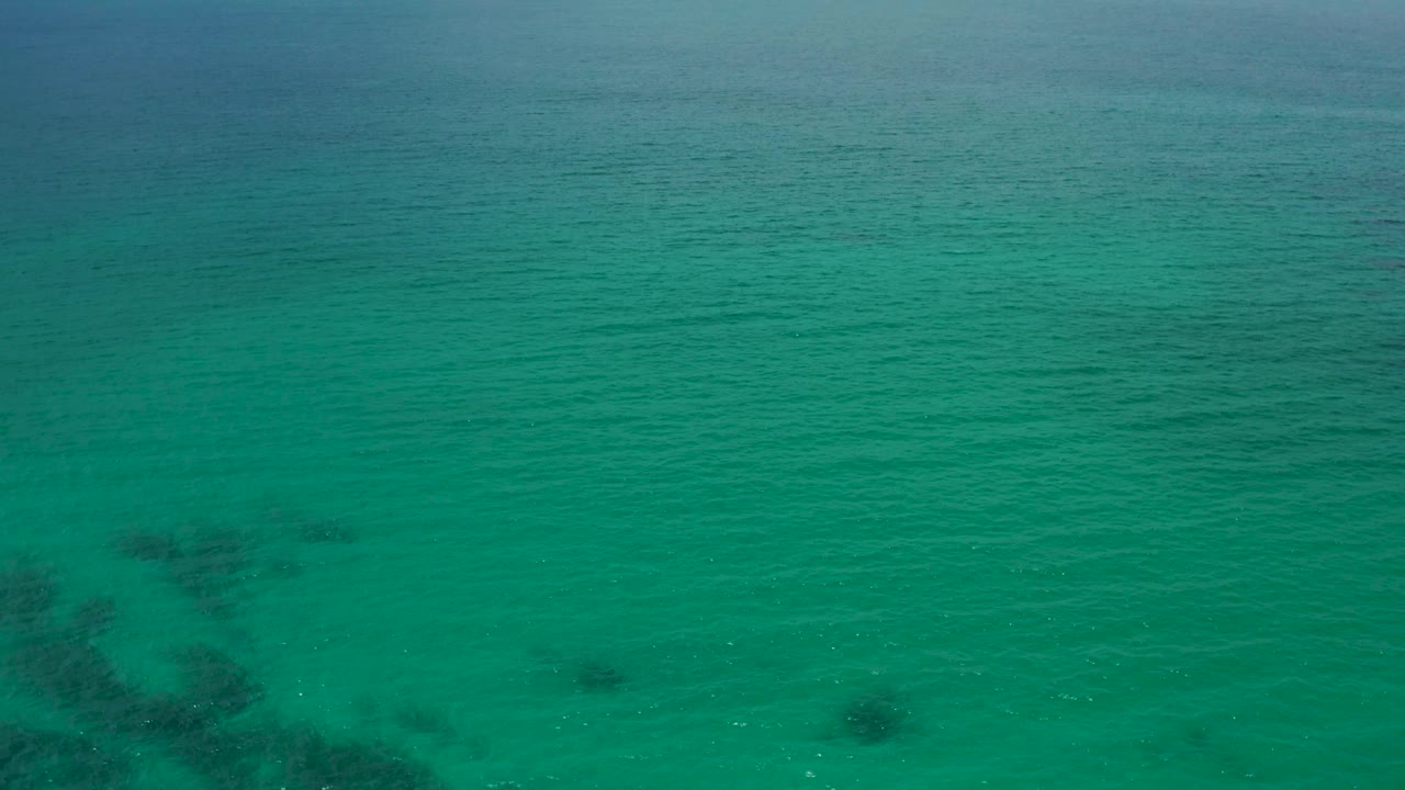 Green ocean surface with low horizon and pale blue sky.