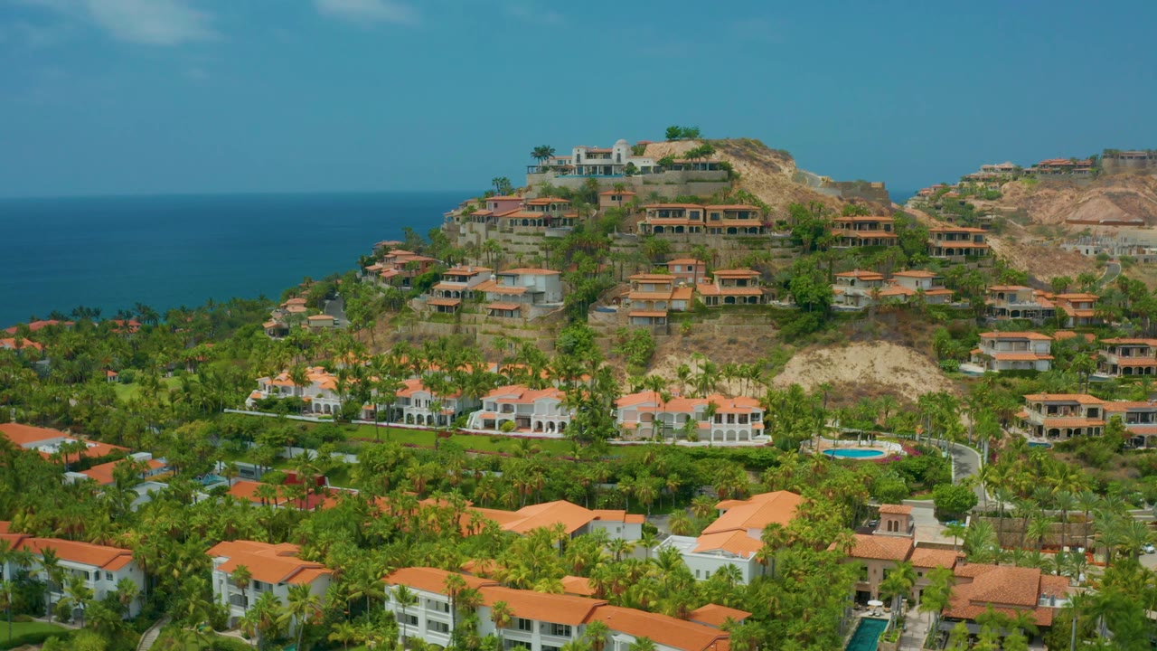 Palmilla Beach Cabo frame with dense palms and low white homes at the bottom, larger hillside residences above, blue ocean across the left background, and no visible people.