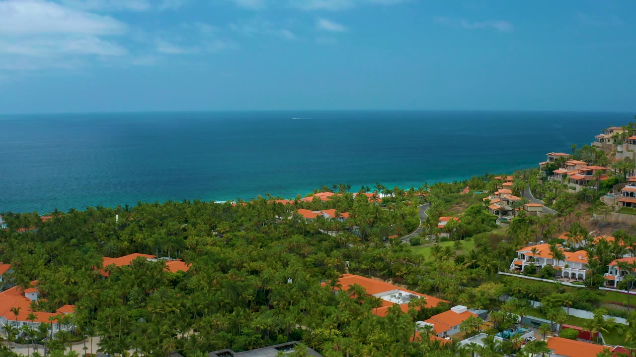 Palm-covered coastline with villas, roads, and distant surf.