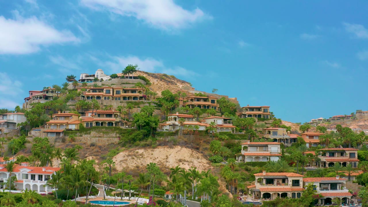 Hillside homes above palms and rooftops.