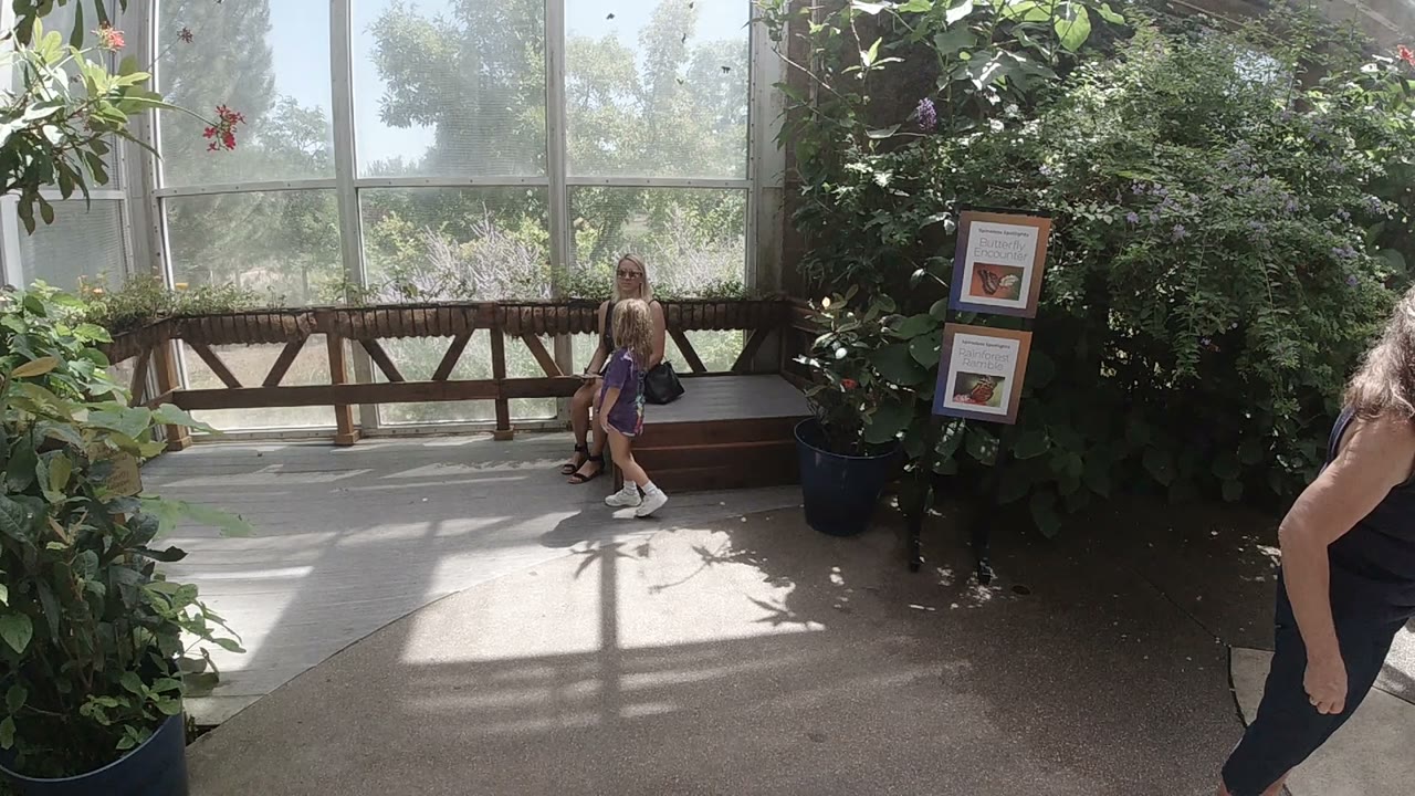 Mother seated on a bench as a blonde child stands in a sunlit plant room.