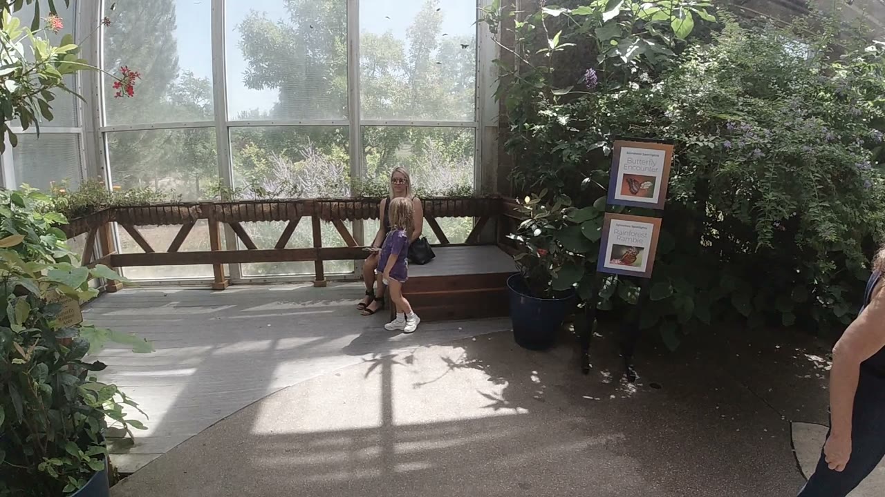 The child stands closer to the seated mother in the Denver indoor garden area, with a wood bench rail, bright windows, and dense greenery filling the frame.