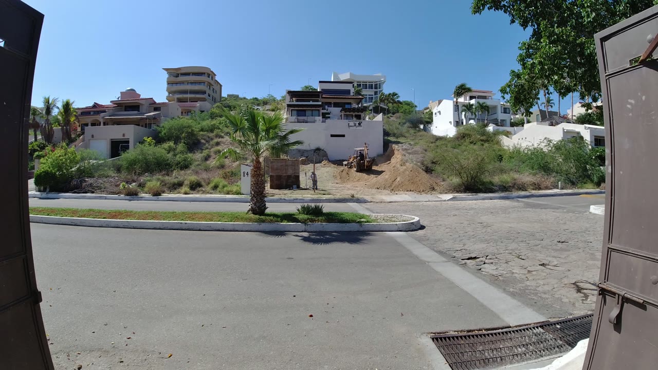 Residential street with palm median, hillside homes, and dark gate edges.