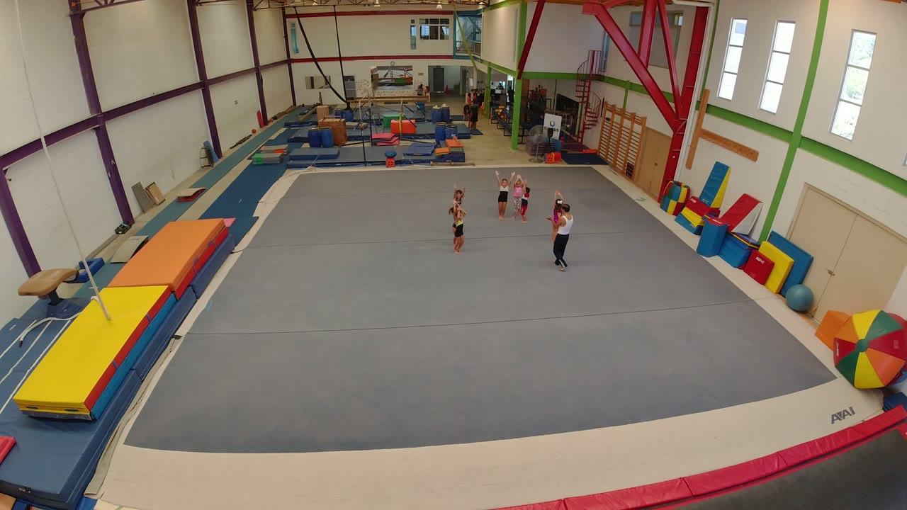 Children and an adult on a gray gymnastics floor inside a bright gym.