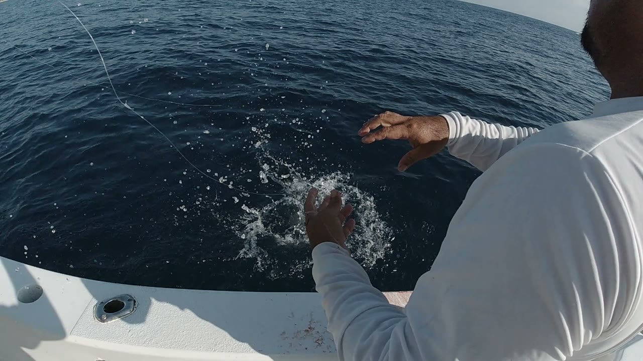 Person in a white shirt leans over a boat rail toward splashing ocean water.