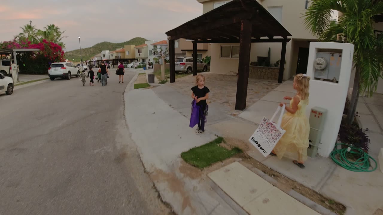 Two girls walking on a sidewalk near a carport and residential street.