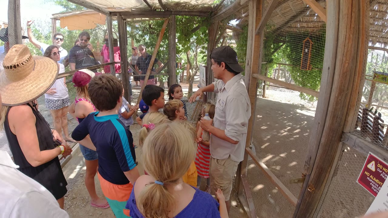 Tour group gathered beside a wire enclosure and wooden posts.