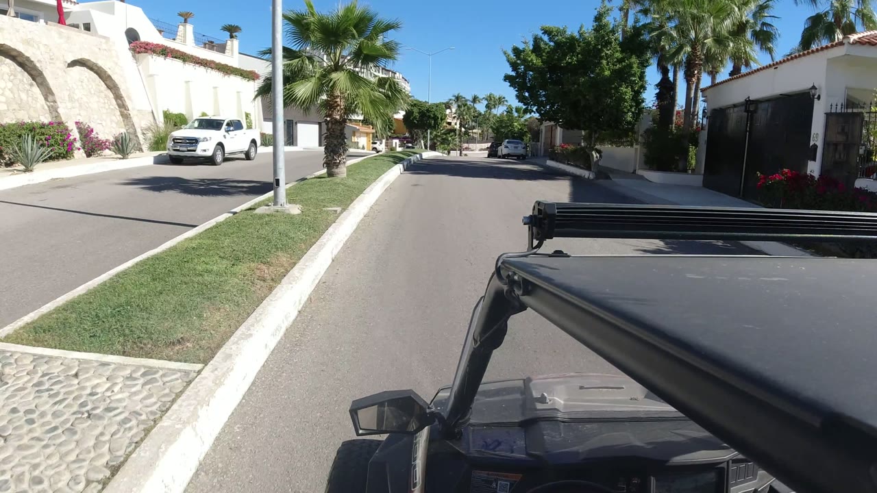 Sunny residential street seen from a moving vehicle with palms and white houses.