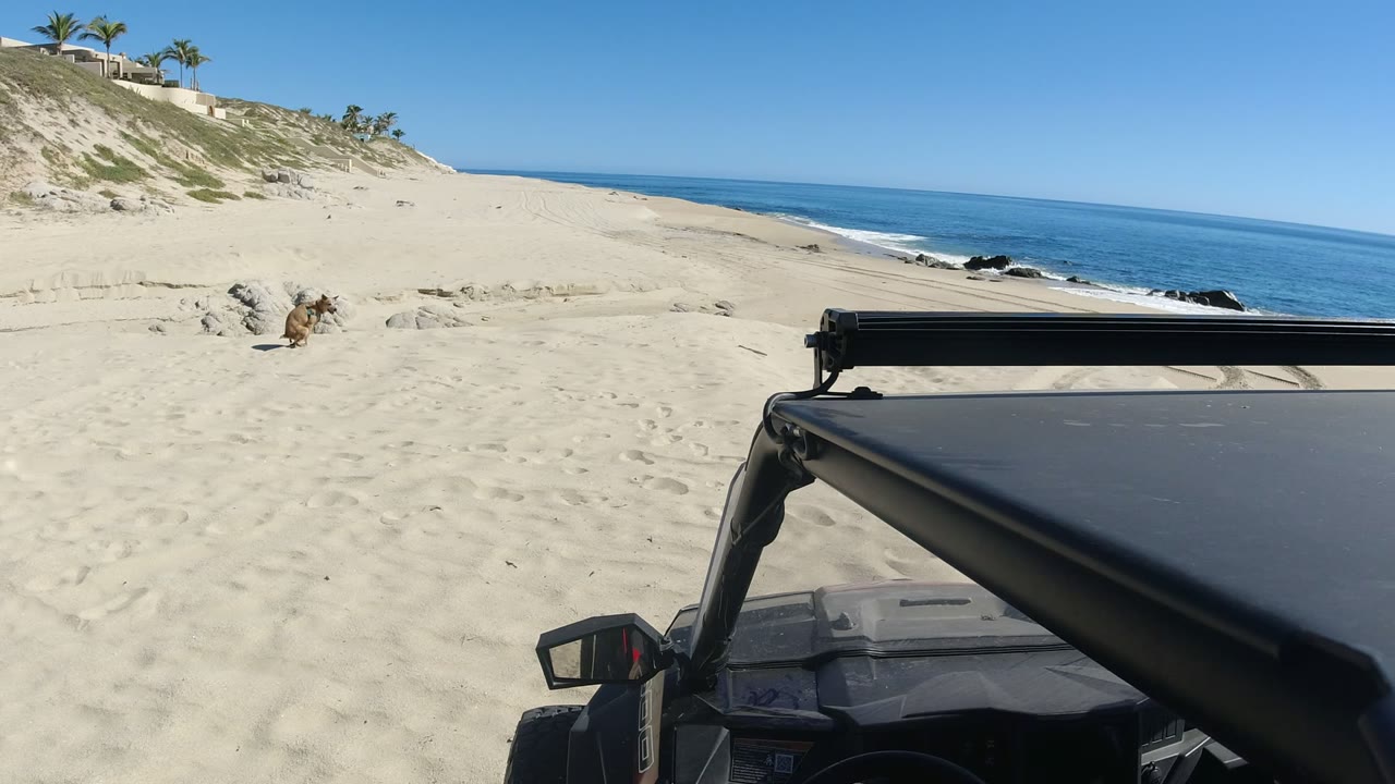 Opening frame from Los Cabos, Mexico showing a dark off-road vehicle roof and mirror in the foreground, pale sand leading to blue water, dune homes above the beach, and no visible people.