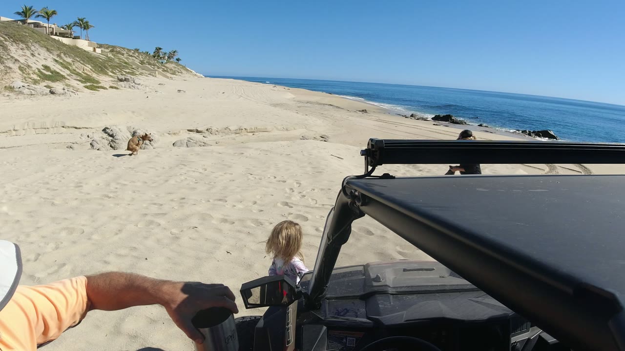Beach scene viewed past an open vehicle with a child near the sand and ocean beyond.