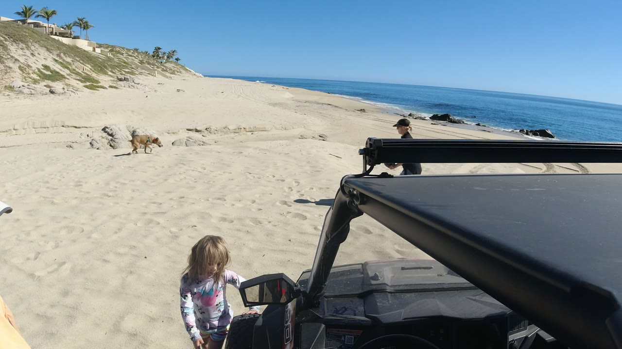 One second in, the child remains beside the black vehicle while an adult and small dog move across the Los Cabos sand toward the open beach and ocean.