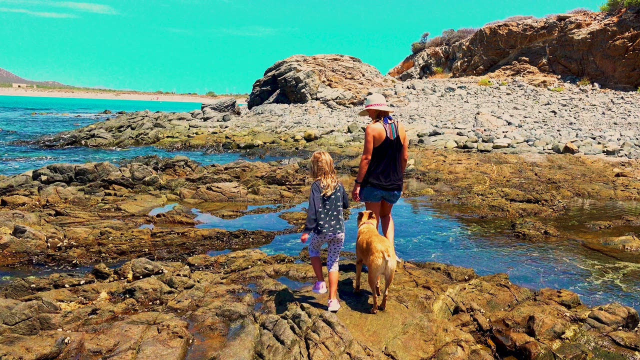 At 0:00 in El Sargento La Ventana, Mexico, a woman in a sun hat stands with a young child and golden dog on rocks beside shallow tide pools and blue water.
