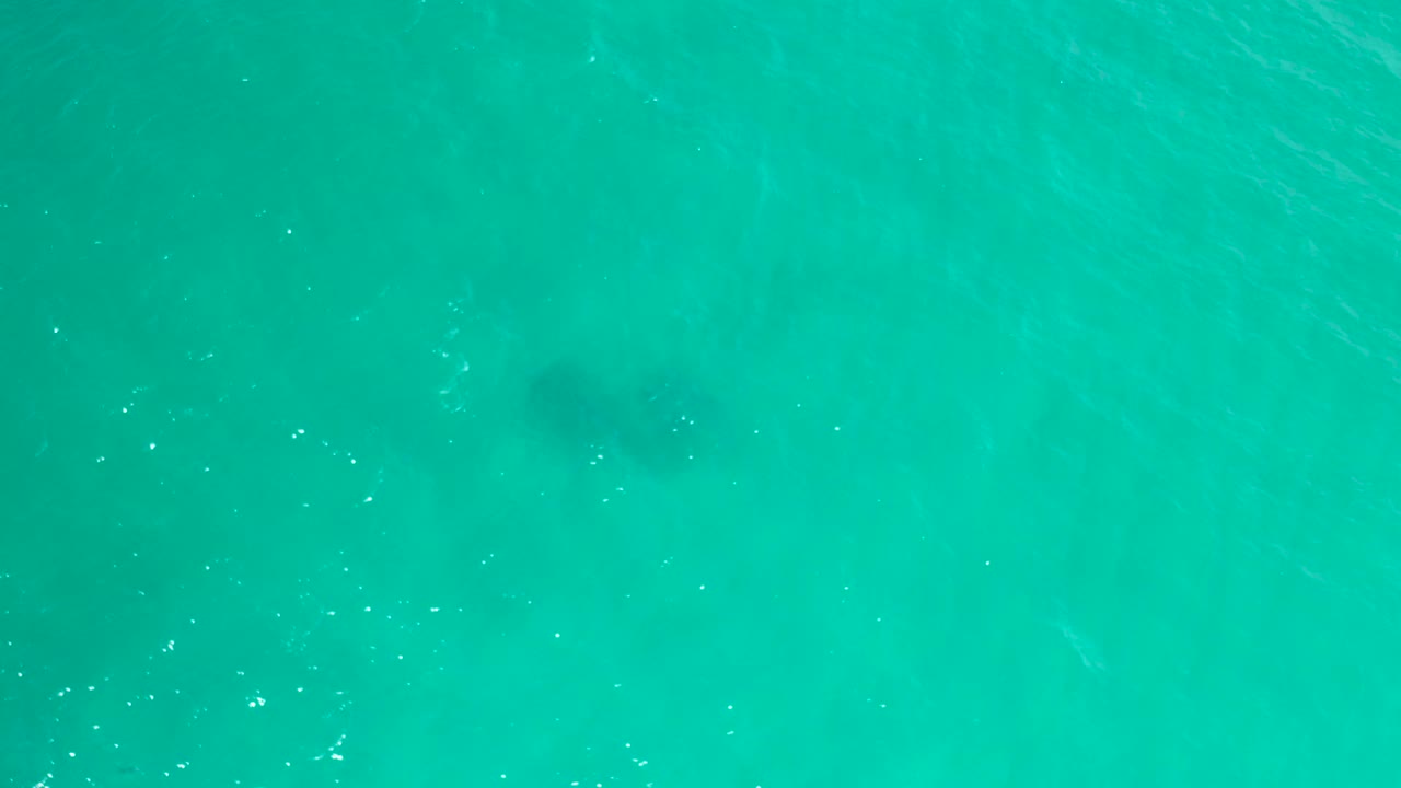 Top-down blue-green ocean surface in San Jose Del Cabo, Mexico, with small sun flecks, a soft dark underwater area near the upper center, and no visible people.