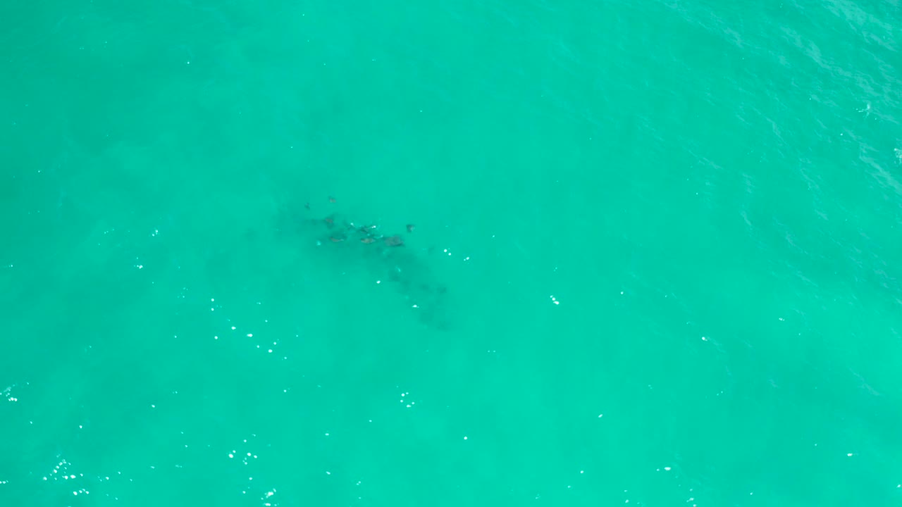 Turquoise water viewed from directly above with faint dark patches below the surface.