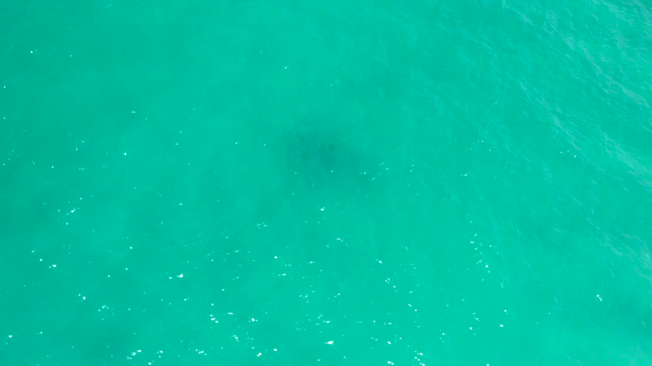 Clear blue-green water with faint darker patches