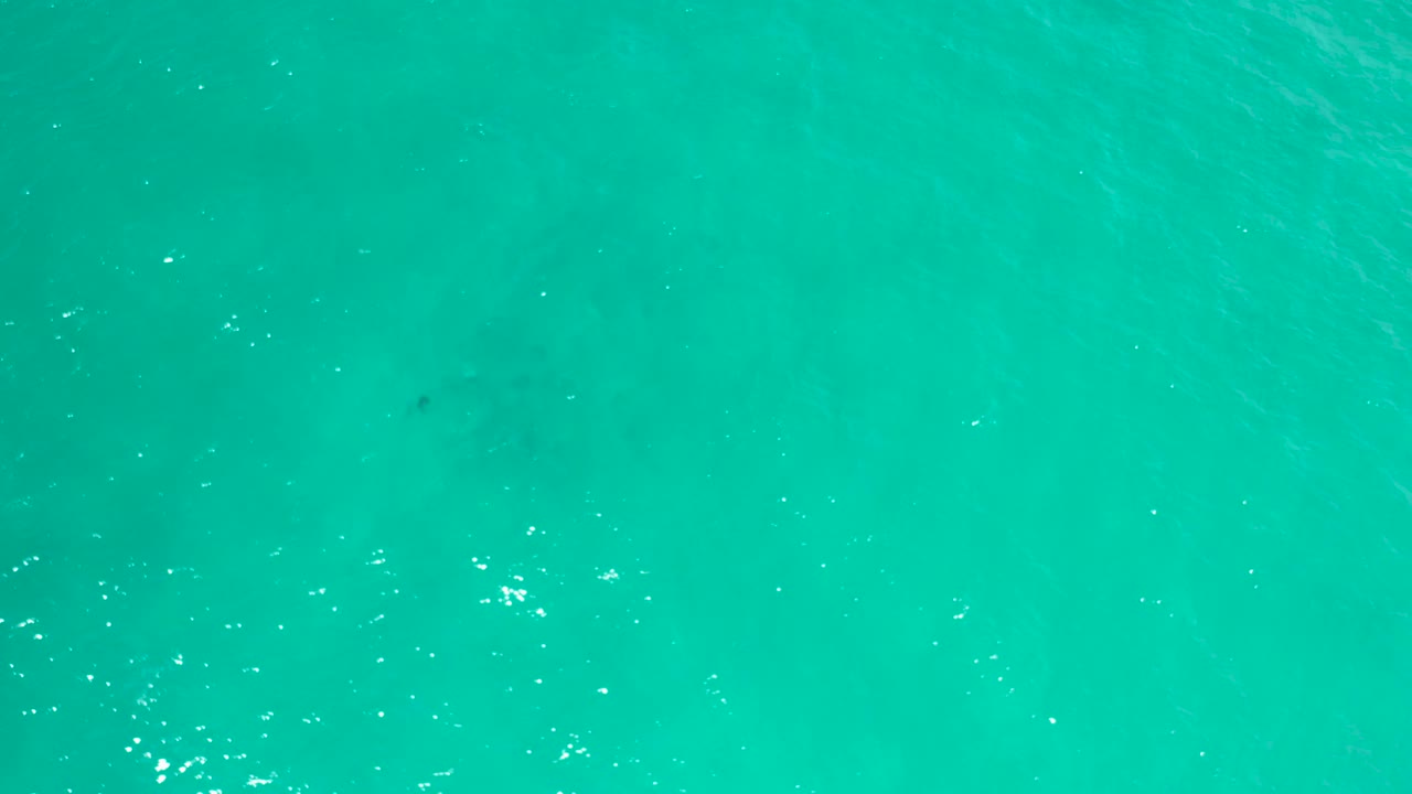 Aerial frame over clear green ocean in San Jose Del Cabo, Mexico, showing soft ripples, a few darker submerged areas, and no visible people.