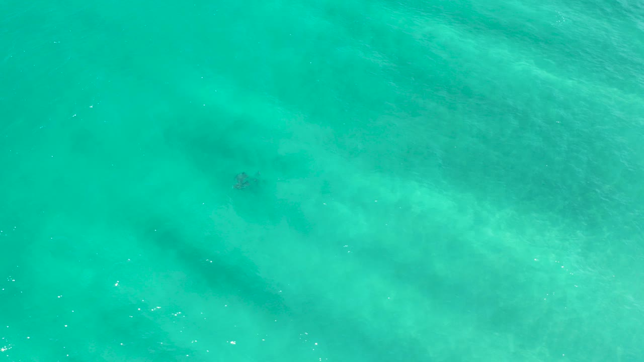 Overhead view of turquoise ocean water in San Jose Del Cabo with pale underwater bands, darker submerged patches near the upper left, and no visible people.
