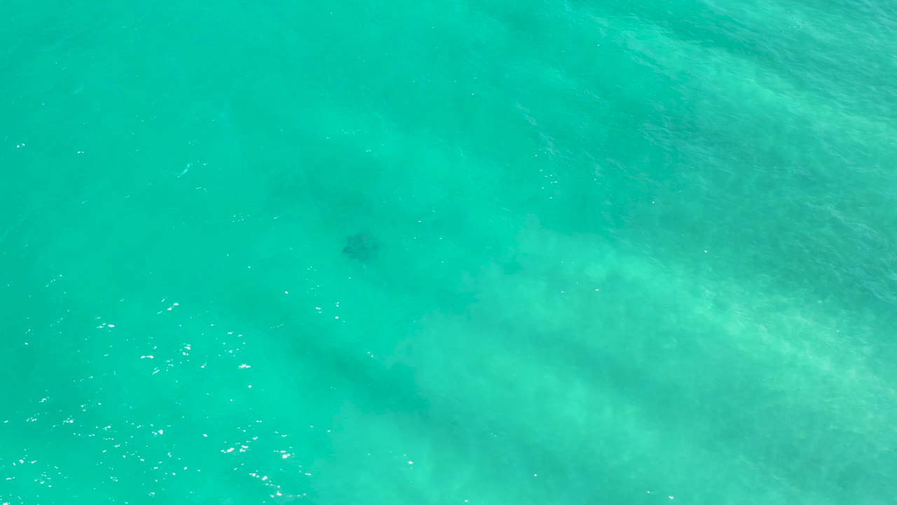 Aerial view of clear green ocean in San Jose Del Cabo with a dark submerged patch low on the left, soft pale water texture through the center, and no visible people.