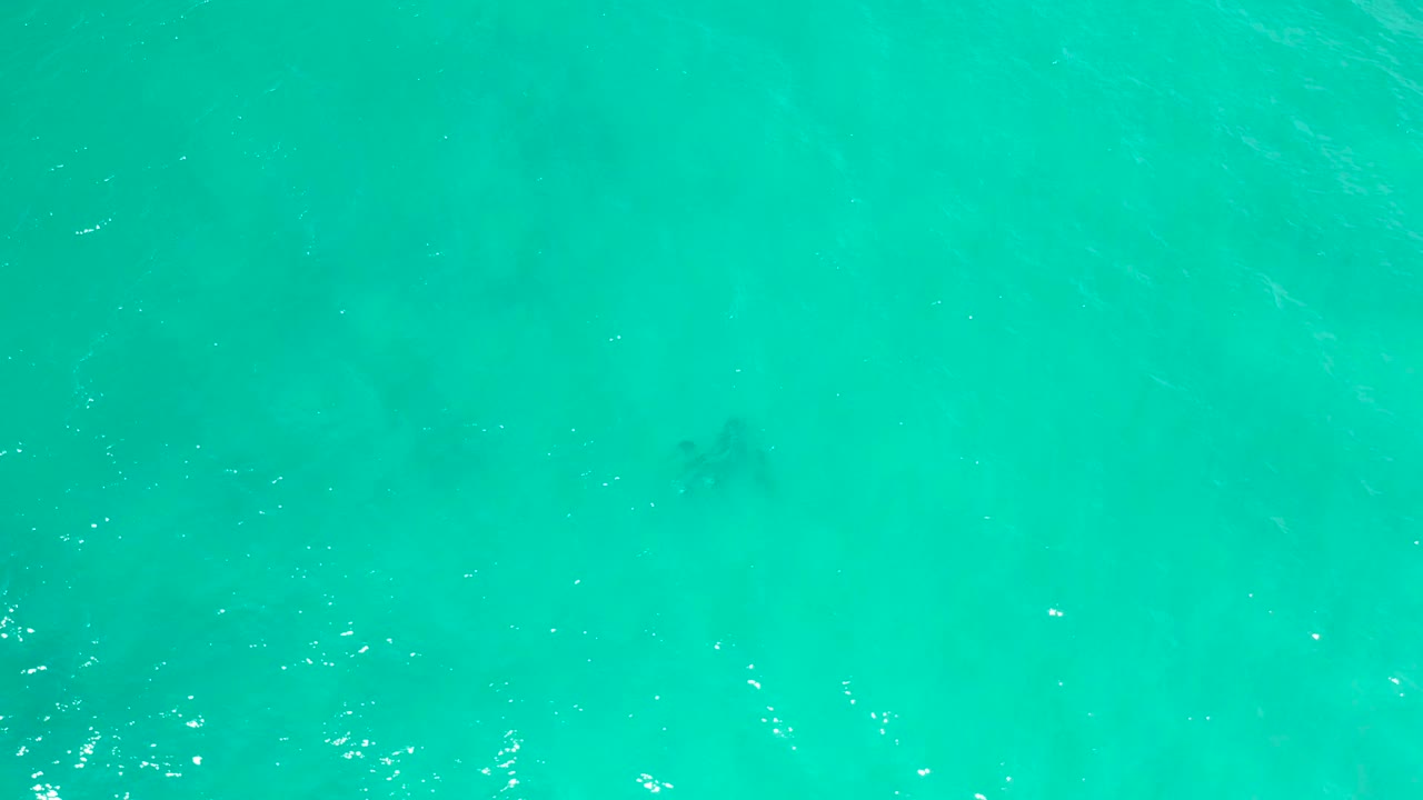 Top-down view of cyan sea water in San Jose Del Cabo, Mexico, with faint darker patches under the surface and no visible people.